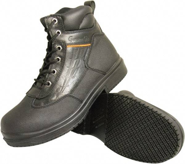 Genuine Grip - Unisex Size 6.5 Wide Width Steel Work Boot - Black, Leather Upper, Rubber Outsole, 6" High, Dielectric, Non-Slip, Waterproof - Americas Industrial Supply