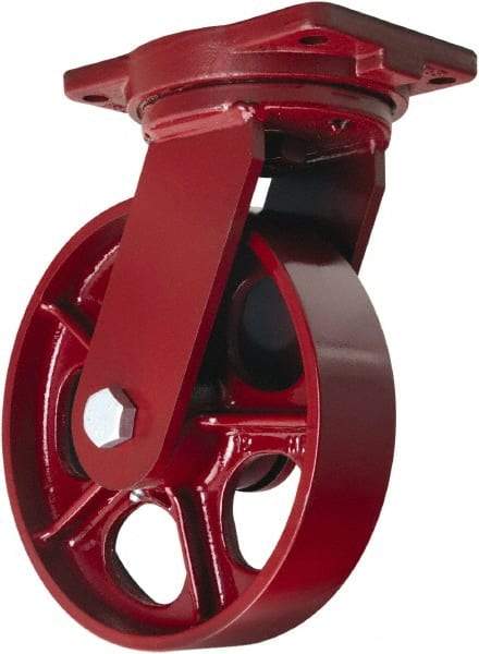 Hamilton - 10" Diam x 2-1/2" Wide x 12-1/2" OAH Top Plate Mount Swivel Caster - Cast Iron, 2,500 Lb Capacity, Tapered Roller Bearing, 6-1/8 x 7-1/2" Plate - Americas Industrial Supply