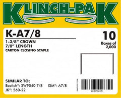 Klinch-Pak - 7/8" Long x 1-3/8" Wide, 0 Gauge Wide Crown Construction Staple - Steel, Copper Finish, Chisel Point - Americas Industrial Supply