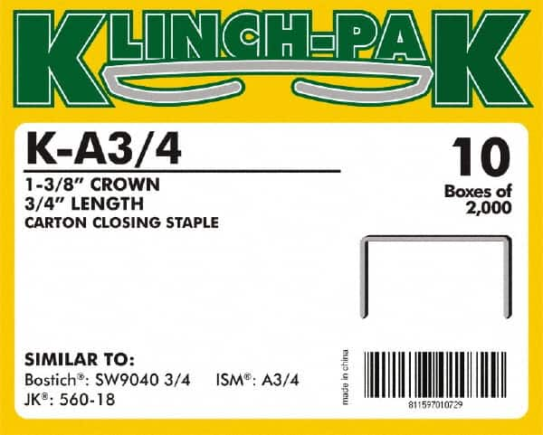 Klinch-Pak - 3/4" Long x 1-3/8" Wide, 0 Gauge Wide Crown Construction Staple - Steel, Copper Finish, Chisel Point - Americas Industrial Supply