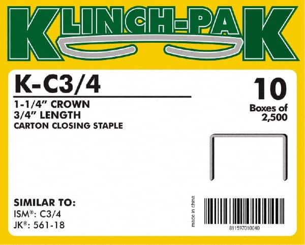 Klinch-Pak - 3/4" Long x 1-1/4" Wide, 0 Gauge Wide Crown Construction Staple - Steel, Copper Finish, Chisel Point - Americas Industrial Supply