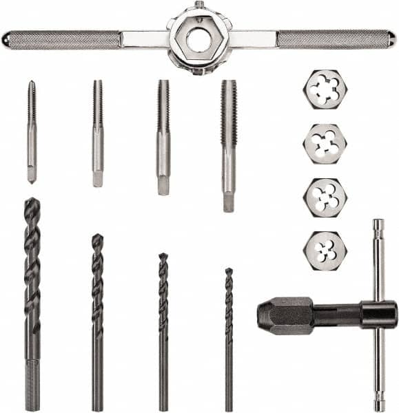 DeWALT - 1/4-20 to 1/2-13 Tap, 1/4-20 to 1/2-13 Die, UNC, Tap and Die Set - Carbon Steel, Carbon Steel Taps, Taper Taps, Nonadjustable, 14 Piece Set - Exact Industrial Supply