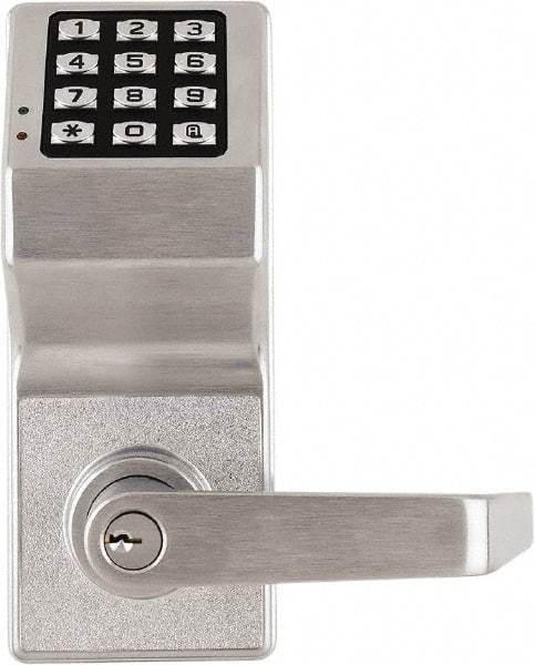Alarm Lock - Combination Entry Lever Lockset with Key Override - 2-3/4" Back Set, Steel, Brushed Chrome Finish - Americas Industrial Supply