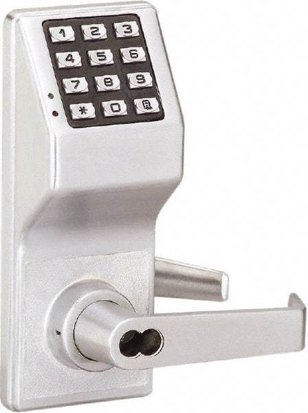 Alarm Lock - Combination Entry Lever Lockset with Key Override - 2-3/4" Back Set, Steel, Brushed Chrome Finish - Americas Industrial Supply