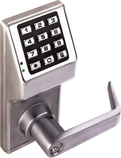 Alarm Lock - Combination Entry Lever Lockset with Key Override - 2-3/4" Back Set, Steel, Brushed Chrome Finish - Americas Industrial Supply