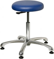 Bevco - 23" Wide x 23" Deep x 18-1/2 to 26" High, Steel Base, Versa Backless Stool Adjustable Height Swivel Stool with Polished Aluminum Base - Vinyl Seat, Blue, Mushroom Glides - Americas Industrial Supply