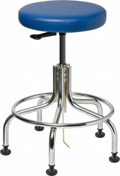 Bevco - 22" Wide x 22" Deep x 19 to 24" High, Steel Base, Versa ESD Backless Adjustable Height Swivel Stool with Chrome Steel Base - Vinyl Seat, Blue, Footring, Mushroom Glides - Americas Industrial Supply