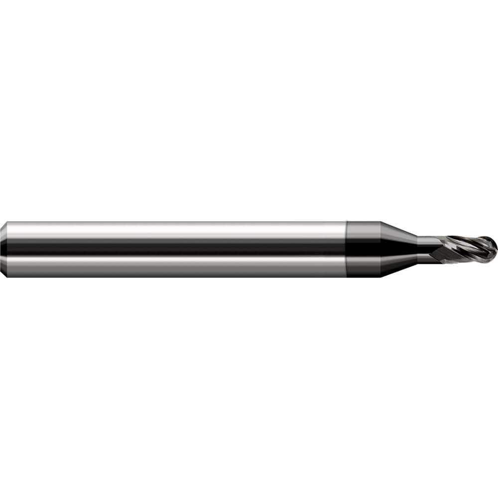 Ball End Mill: 0.04″ Dia, 0.06″ LOC, 3 Flute, Solid Carbide 2-1/2″ OAL, 1/8″ Shank Dia, 30 ° Helix, Amorphous Diamond Coated