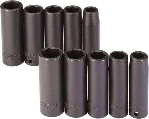 Proto - 10 Piece 1/2" Drive Black Finish Deep Well Impact Socket Set - 6 Points, 1/2" to 13/16" (13mm to 21mm) Range, Inch/Metric Measurement Standard - Americas Industrial Supply