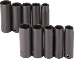 Proto - 10 Piece 1/2" Drive Black Finish Deep Well Impact Socket Set - 6 Points, 1/2" to 13/16" (13mm to 21mm) Range, Inch/Metric Measurement Standard - Americas Industrial Supply