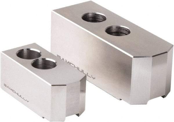 Samchully - 450mm Max Chuck Capacity, 1.5mm x 60° Serrated Interface, Square Soft Lathe Chuck Jaw - 3 Jaw, Steel, 43mm Btw Mount Hole Ctrs, 165mm Long, 62mm Wide, 66mm High, 22mm Groove, M20mm Fastener - Americas Industrial Supply