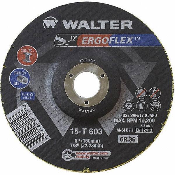 WALTER Surface Technologies - 36 Grit, 6" Disc Diam, 7/8" Center Hole, Type 29 Ceramic Flap Disc - 10,200 Max RPM, Fiber Backing, Arbor Attaching System, Coated - Americas Industrial Supply
