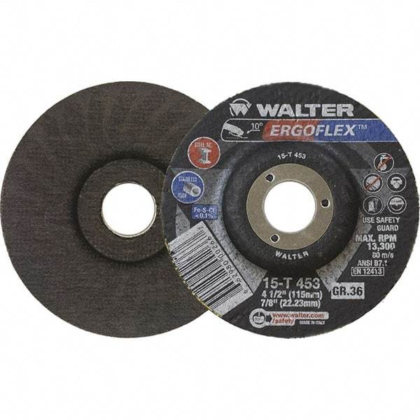 WALTER Surface Technologies - 36 Grit, 7" Disc Diam, 7/8" Center Hole, Type 29 Ceramic Flap Disc - 8,600 Max RPM, Arbor Attaching System, Coated - Americas Industrial Supply