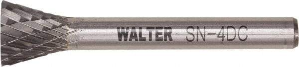 WALTER Surface Technologies - 1/4" Cut Diam, 1/4" Shank Diam, Inverted Cone Head Double Cut Burr - Tungsten Carbide, 1" LOC, 4" OAL - Americas Industrial Supply