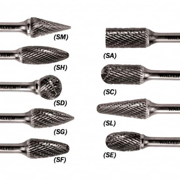 WALTER Surface Technologies - 1/4" Cut Diam, 1/4" Shank Diam, Cylinder Ball End Head Single Cut Burr - Tungsten Carbide, 5/8" LOC, 3-5/8" OAL - Americas Industrial Supply