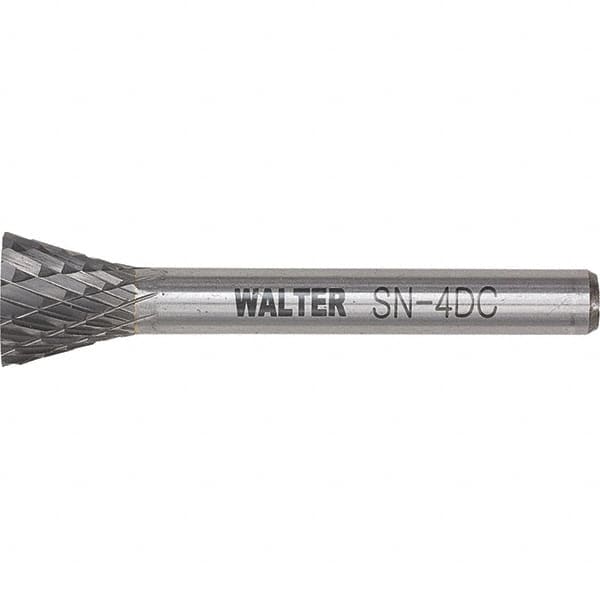 WALTER Surface Technologies - 1/4" Cut Diam, 1/4" Shank Diam, Inverted Cone Head Double Cut Burr - Tungsten Carbide, 3/4" LOC, 4-3/4" OAL - Americas Industrial Supply