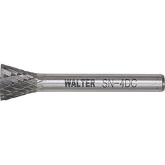 WALTER Surface Technologies - 1/4" Cut Diam, 1/4" Shank Diam, Inverted Cone Head Double Cut Burr - Tungsten Carbide, 3/4" LOC, 4-3/4" OAL - Americas Industrial Supply