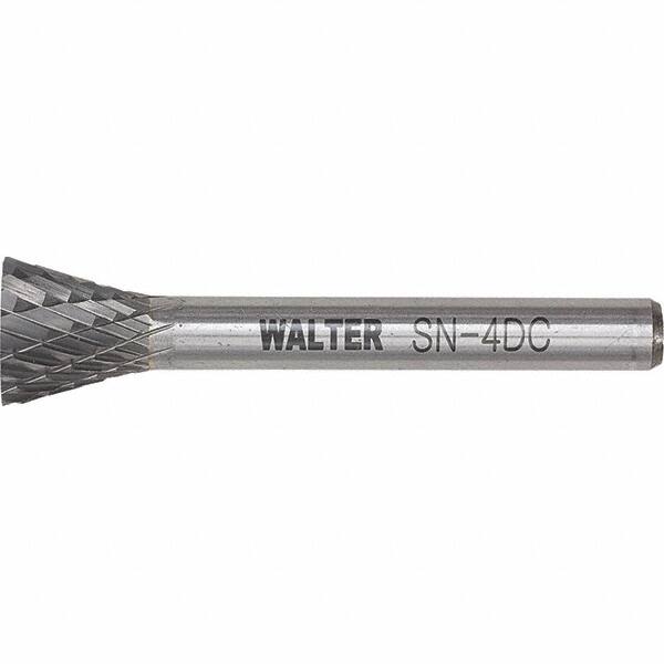 WALTER Surface Technologies - 1/4" Cut Diam, 1/4" Shank Diam, Inverted Cone Head Double Cut Burr - Tungsten Carbide, 1/2" LOC, 4-1/2" OAL - Americas Industrial Supply