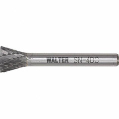 WALTER Surface Technologies - 1/4" Cut Diam, 1/4" Shank Diam, Inverted Cone Head Double Cut Burr - Tungsten Carbide, 1/2" LOC, 4-1/2" OAL - Americas Industrial Supply
