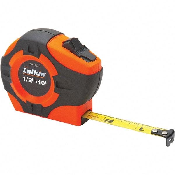 Lufkin - 26' x 1" Yellow Steel Blade Tape Measure - 1/16 & 1/32" Graduation, Inch & Metric Graduation Style, High-Visibility Orange ABS Plastic Case - Americas Industrial Supply