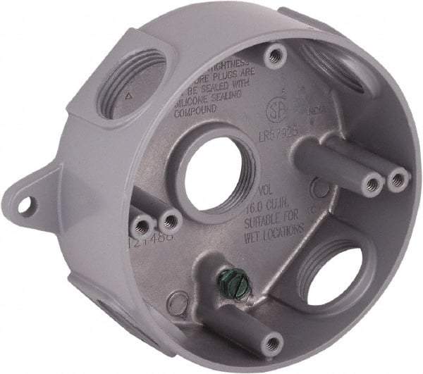 Hubbell-Raco - 0 Gang, (5) 3/4" Knockouts, Aluminum Round Device Box - 5-1/4" Overall Height x 1-5/8" Overall Depth, Weather Resistant - Americas Industrial Supply