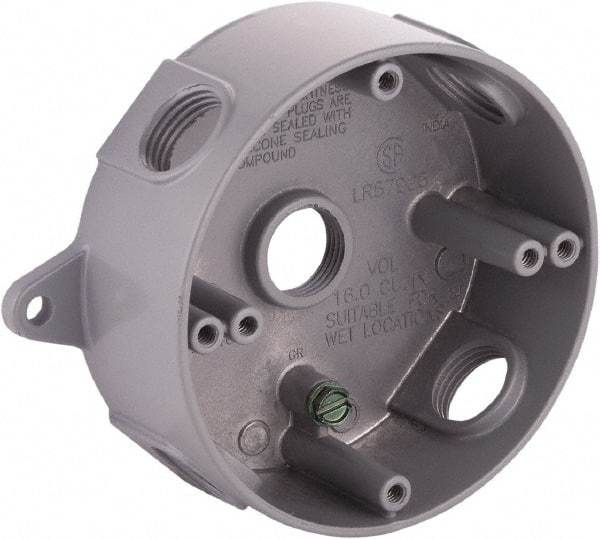 Hubbell-Raco - 0 Gang, (5) 1/2" Knockouts, Aluminum Round Device Box - 5-1/4" Overall Height x 1-5/8" Overall Depth, Weather Resistant - Americas Industrial Supply