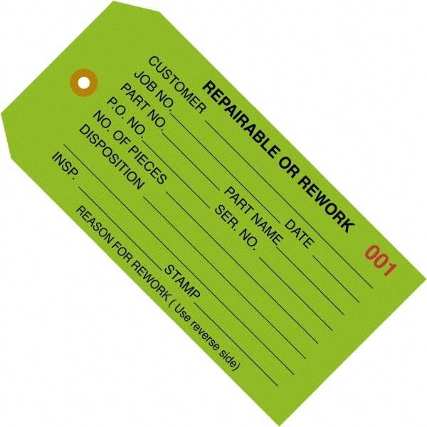 Made in USA - 4-3/4" High x 2-3/8" Long, REPAIRABLE OR REWORK, English Safety & Facility Inspection Tag - Green Cardstock - Americas Industrial Supply