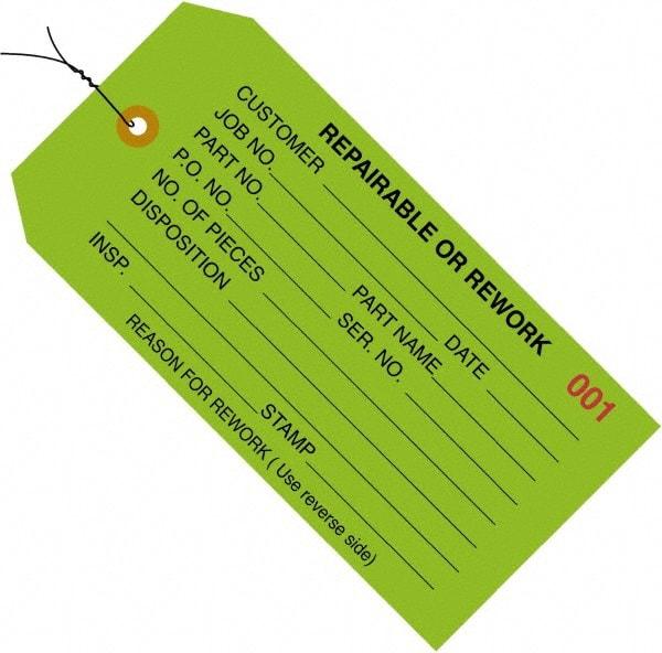 Made in USA - 4-3/4" High x 2-3/8" Long, REPAIRABLE OR REWORK, English Safety & Facility Inspection Tag - Green Cardstock - Americas Industrial Supply