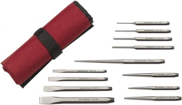 GearWrench - 12 Piece Center Punch, Cold Chisel, Starter & Long Taper Punch Set - 1/4 to 5/8" Chisel, 3/8 to 1/2" Punch, Hex Shank - Americas Industrial Supply