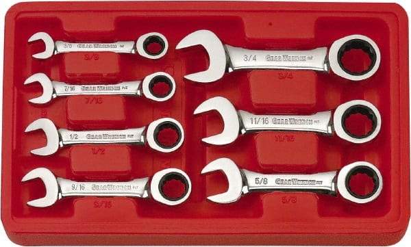 GearWrench - 7 Piece, 3/8" to 3/4", 12 Point Ratcheting Combination Wrench Set - Inch Measurement Standard, Chrome Finish, Comes in Plastic Tray - Americas Industrial Supply