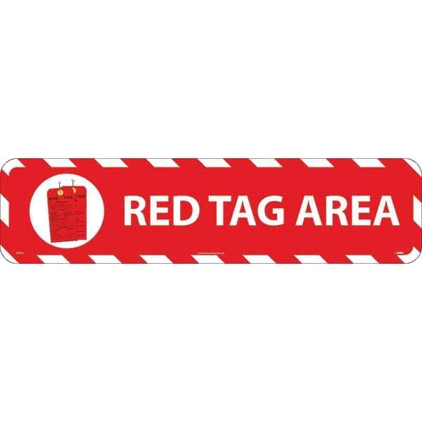 NMC - Red Tag Area, Anti-Skid Pressure-Sensitive Vinyl Floor Sign - Rectangle, Red on White, Adhesive Backed, For Restroom, Janitorial & Housekeeping - Americas Industrial Supply