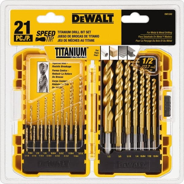 DeWALT - 1/16 to 1/2", 135° Point, TiN Finish, High Speed Steel Jobber Length Drill Bit Set - Exact Industrial Supply