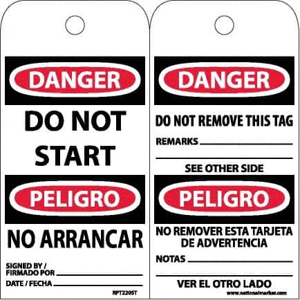 NMC - 6" High x 3" Long, DANGER - DO NOT START, English & Spanish Safety & Facility Accident Prevention Tag - Tag Header: Danger, 2 Sides, White Poly - Americas Industrial Supply