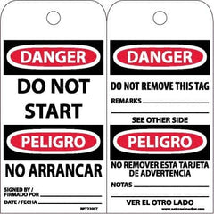 NMC - 6" High x 3" Long, DANGER - DO NOT START, English & Spanish Safety & Facility Accident Prevention Tag - Tag Header: Danger, 2 Sides, White Poly - Americas Industrial Supply