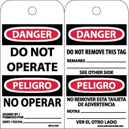 NMC - 6" High x 3" Long, DANGER - DO NOT OPERATE, English & Spanish Safety & Facility Accident Prevention Tag - Tag Header: Danger, 2 Sides, White Poly - Americas Industrial Supply