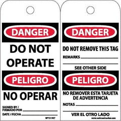 NMC - 6" High x 3" Long, DANGER - DO NOT OPERATE, English & Spanish Safety & Facility Accident Prevention Tag - Tag Header: Danger, 2 Sides, White Poly - Americas Industrial Supply