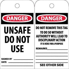 NMC - 6" High x 3" Long, DANGER - UNSAFE DO NOT USE, English Safety & Facility Accident Prevention Tag - Tag Header: Danger, 2 Sides, White Poly - Americas Industrial Supply