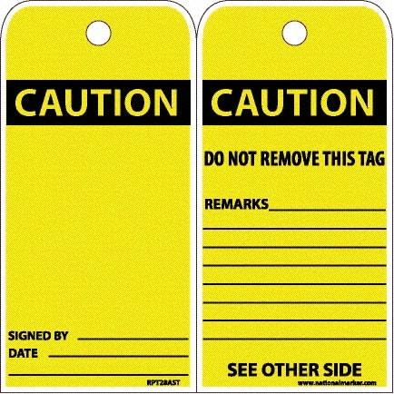 NMC - 6" High x 3" Long, CAUTION, English Safety & Facility Accident Prevention Tag - Tag Header: CAUTION, 2 Sides, White Poly - Americas Industrial Supply