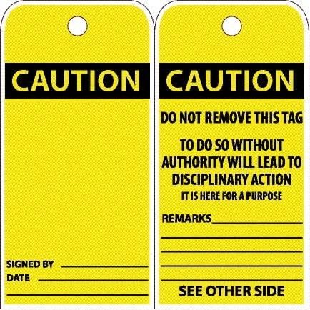 NMC - 6" High x 3" Long, CAUTION, English Safety & Facility Accident Prevention Tag - Tag Header: CAUTION, 2 Sides, White Poly - Americas Industrial Supply