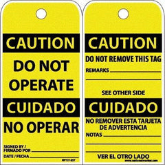 NMC - 6" High x 3" Long, CAUTION - DO NOT OPERATE, English & Spanish Safety & Facility Accident Prevention Tag - Tag Header: CAUTION, 2 Sides, White Poly - Americas Industrial Supply