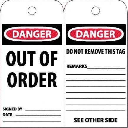 NMC - 4" High x 8" Long, DANGER - OUT OF ORDER, English Safety & Facility Accident Prevention Tag - Tag Header: Danger, 2 Sides, White Poly - Americas Industrial Supply