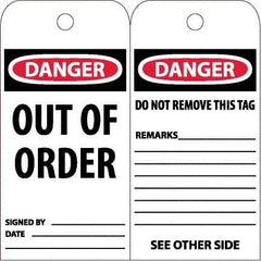 NMC - 4" High x 8" Long, DANGER - OUT OF ORDER, English Safety & Facility Accident Prevention Tag - Tag Header: Danger, 2 Sides, White Poly - Americas Industrial Supply