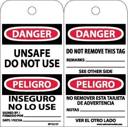 NMC - 6" High x 3" Long, DANGER - UNSAFE DO NOT USE, English & Spanish Safety & Facility Accident Prevention Tag - Tag Header: Danger, 2 Sides, White Poly - Americas Industrial Supply