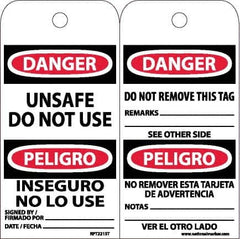 NMC - 6" High x 3" Long, DANGER - UNSAFE DO NOT USE, English & Spanish Safety & Facility Accident Prevention Tag - Tag Header: Danger, 2 Sides, White Poly - Americas Industrial Supply