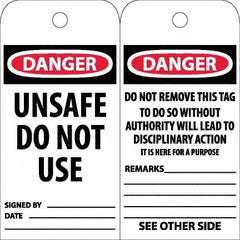 NMC - 6" High x 3" Long, DANGER - UNSAFE DO NOT USE, English Safety & Facility Accident Prevention Tag - Tag Header: Danger, 2 Sides, White Unrippable Vinyl - Americas Industrial Supply
