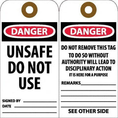 NMC - 6" High x 3" Long, DANGER - UNSAFE DO NOT USE, English Safety & Facility Accident Prevention Tag - Tag Header: Danger, 2 Sides, White Unrippable Vinyl - Americas Industrial Supply