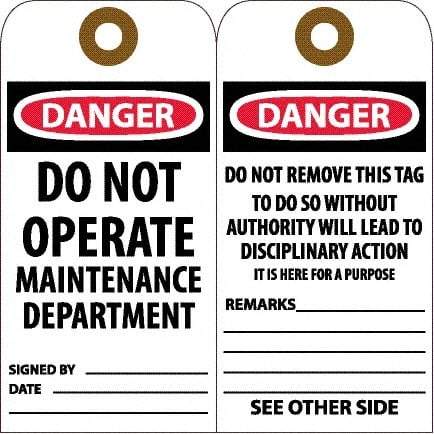 NMC - 6" High x 3" Long, DANGER - DO NOT OPERATE - MAINTENANCE DEPARTMENT, English Safety & Facility Accident Prevention Tag - Tag Header: Danger, 2 Sides, White Unrippable Vinyl - Americas Industrial Supply