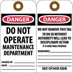 NMC - 6" High x 3" Long, DANGER - DO NOT OPERATE - MAINTENANCE DEPARTMENT, English Safety & Facility Accident Prevention Tag - Tag Header: Danger, 2 Sides, White Unrippable Vinyl - Americas Industrial Supply