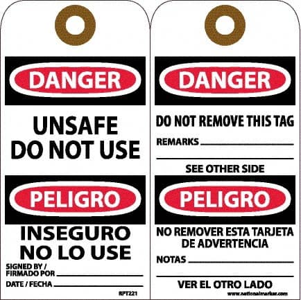 NMC - 6" High x 3" Long, DANGER - UNSAFE DO NOT USE, English & Spanish Safety & Facility Accident Prevention Tag - Tag Header: Danger, 2 Sides, White Unrippable Vinyl - Americas Industrial Supply