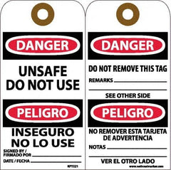 NMC - 6" High x 3" Long, DANGER - UNSAFE DO NOT USE, English & Spanish Safety & Facility Accident Prevention Tag - Tag Header: Danger, 2 Sides, White Unrippable Vinyl - Americas Industrial Supply